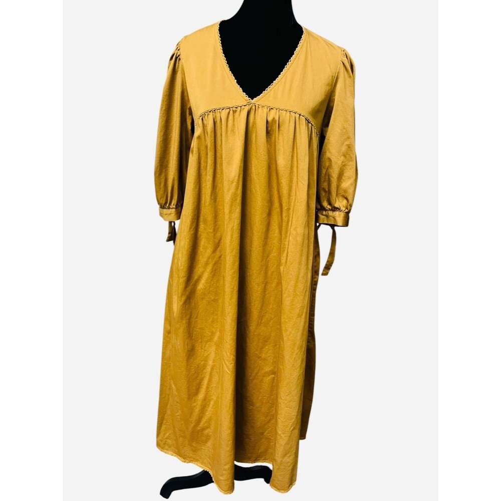 Cotton Modest Midi Dress Maternity Friendly 3/4 Sleeve V-Neck Flowy